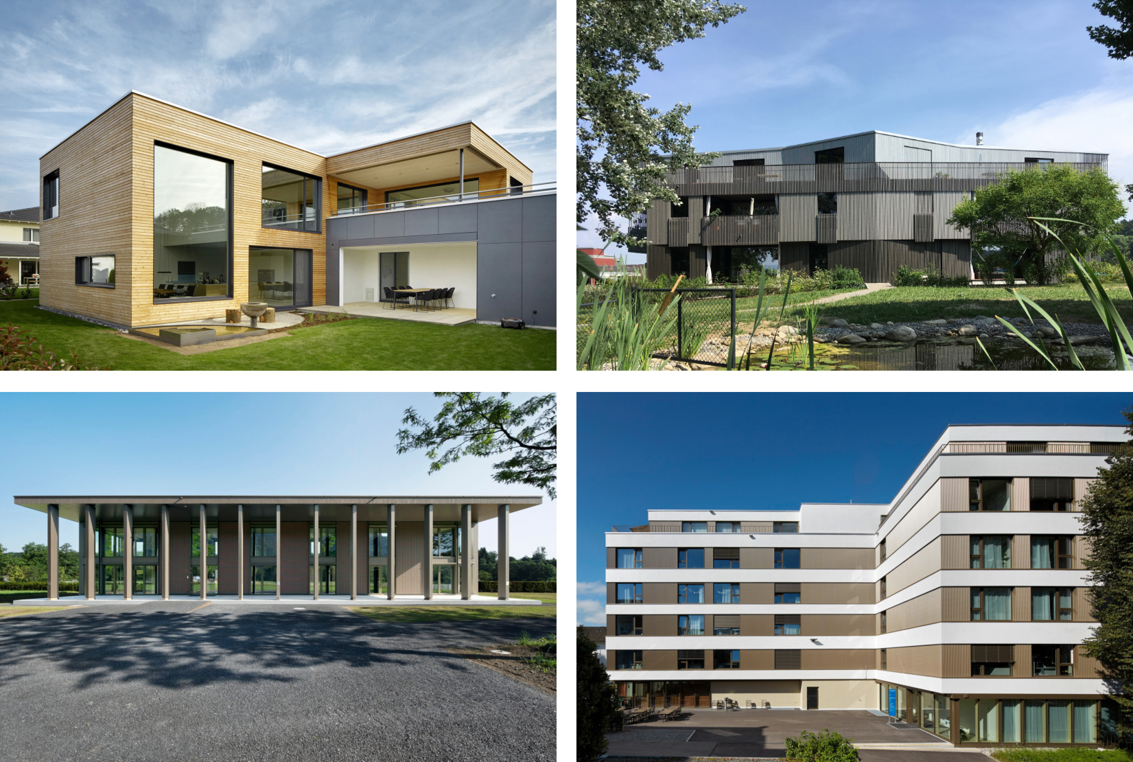 Übersicht ausgewählter Neubauten in Holzsystembau von Renggli mit einem Einfamilienhaus in Sisseln, Mehrfamilienhaus von Burkhalter Sumi Architekten in Zürich, Bürogebäude in Malters und Zentrumsgebäude Siloah AG in Gümligen